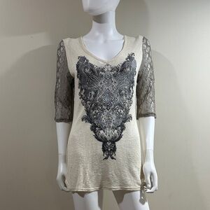 Lace Sleeve Top With Cut Out Back- Size Large Cream and Gray